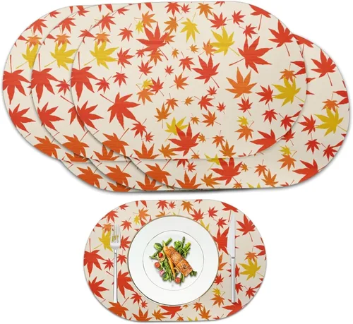 Miniatura 9 de Non Slip Placemats Set of 6 Pumpkin Mushroom Theme Waterproof Wipeable Faux Leather for Thanksgiving Family Feast Heat Resistant Dining Table Mats
