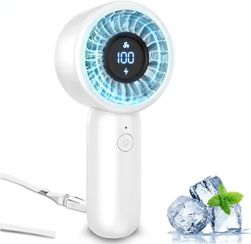 Miniatura 10 de Ventilador de mano portátil, pequeño ventilador de mano turbo personal, potente, refrescante, cordón, recargable por USB, 5 velocidades, maquillaje