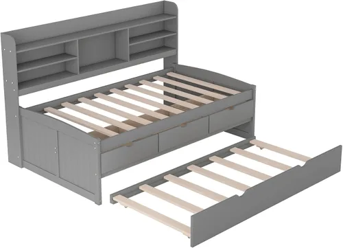 Miniatura 8 de Sofá cama versátil con 3 cajones de almacenamiento y nido, cama capitán de madera de tamaño individual con estantes integrados para sala de estar