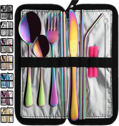 Miniatura 13 de VANDBAO Utensilios de viaje portátiles, cubiertos reutilizables con estuche para fijar vajilla, juego de cubiertos estables de acero inoxidable de 9
