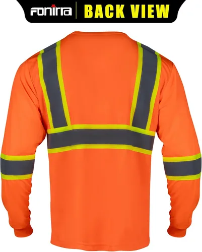 Miniatura 3 de FONIRRA Camiseta de seguridad de manga larga reflectante de alta visibilidad, camisas de trabajo de construcción ANSI Clase 3 para hombres Naranja