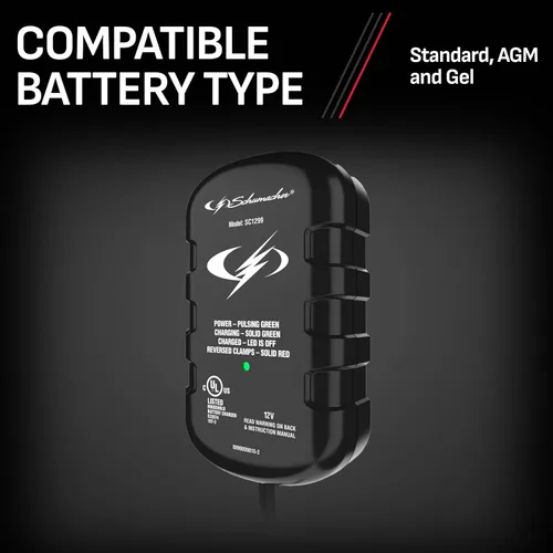 Miniatura 5 de Schumacher Electric 0.8 A Cargador y mantenedor de batería de coche, solución 2 en 1, para baterías de 12 V de deportes acuáticos, automotrices