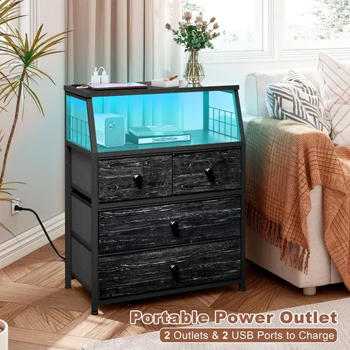 Miniatura 8 de EnHomee Mesita de noche negra de 21.8 pulgadas de ancho con estación de carga y luces LED, mesita de noche con 4 cajones de tela, mesa de noche