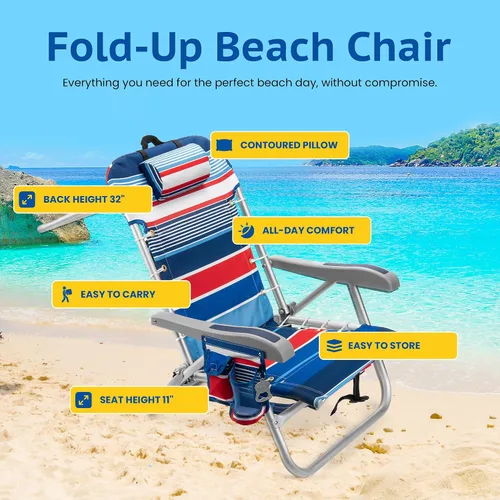 Miniatura 2 de Homevative Cooler+ - Silla de playa plegable con 5 posiciones, toallero, bolsa enfriadora XL, red de almacenamiento, soporte para taza y teléfono