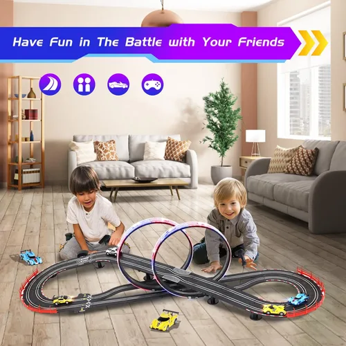 Miniatura 4 de Conjuntos de pistas de carreras de autos de ranura con 4 autos de carreras de alta velocidad, pista de carreras eléctrica de 20 pies para niños