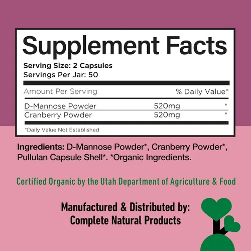 Miniatura 6 de Complete Natural Products Cápsulas orgánicas de D-manosa y arándano de 520 mg 100 unidades Soporte UT a base de plantas Vegano, sin OMG