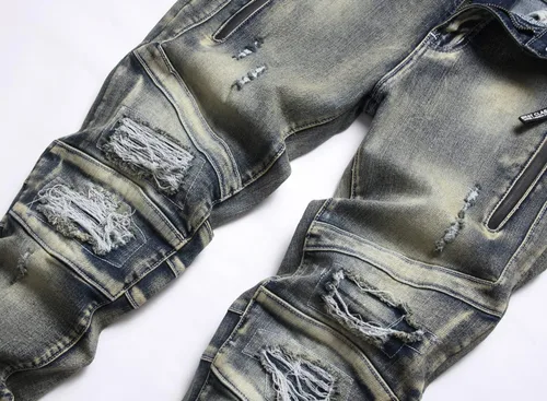 Miniatura 3 de XIMXIMMTIAN Jeans rectos de motociclista para hombre, desgastados, desgastados, ajustados, rectos
