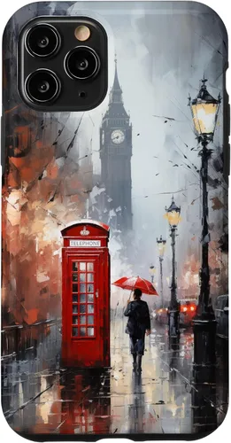Funda para iPhone 11 Pro Wet London Iconic Red Phone Booth Clocktower Art Cover