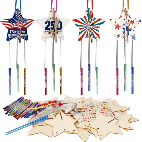 Kit de campanillas de viento patrióticas de estrella 3D para niños, manualidades del 4 de julio, decoración de campanillas de viento de madera con