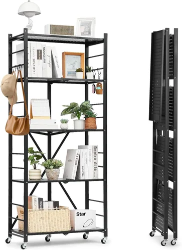 Miniatura 14 de VEVOR Estantería plegable de 4 niveles, estante de almacenamiento de metal plegable de 26 pulgadas de ancho x 13 pulgadas de profundidad x 46 Negro