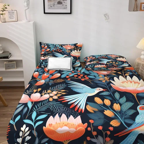 Miniatura 2 de Juego de sábanas de 3 piezas con diseño de pájaros y fundas de almohada, tamaño individual, sábanas y fundas de almohada con estampado de flores