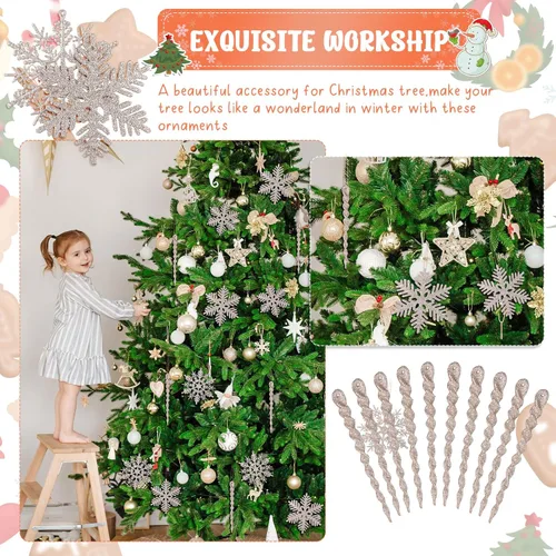 Miniatura 5 de Deekin 72 piezas adornos de carámbano de copo de nieve para árbol de Navidad, carámbanos torcidos de copo de nieve con purpurina, decoraciones
