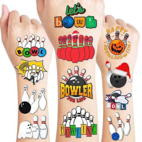 88 tatuajes temporales de boliche para niños, divertidas calcomanías de bola de boliche, recuerdos de fiesta de cumpleaños temática deportiva,