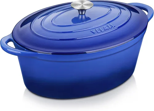 Velaze Olla de horno holandés ovalada esmaltada de 7.5 cuartos de galón con tapa, horno holandés de hierro fundido con doble asa para hornear pan,