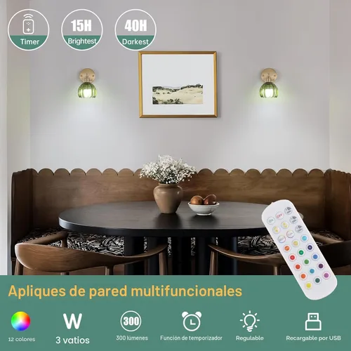 Miniatura 2 de Shenmoyl Aplique de Pared Vintage Operado por Batería con Linda Campana de Vidrio Tulipán Verde, Recargable Inalámbrica, Luz de Pared con Control