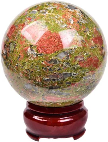JIC Gem Bola Esférica Pequeña de Cristal Natural de Piedra Unakita Bola de Cristal Curativa con Soporte de Decoración para Meditación Feng Shui