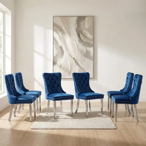 Miniatura 142 de OVENTA Juego de 4 sillas de comedor modernas tapizadas copetudas, terciopelo negro y gris y cuero con patas de madera maciza, sillas de cocina