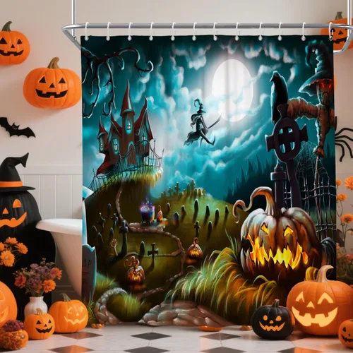 Miniatura 3 de Cortina de ducha de Halloween, cortinas de ducha de calabaza aterradora para baño, casa cazada de brujas, cortina de baño, cortina de baño