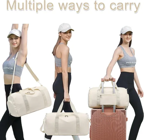 Miniatura 2 de Bolsa de viaje deportiva para gimnasio para hombres y mujeres con compartimento para zapatos, bolsillo húmedo, Beige puro, Moda