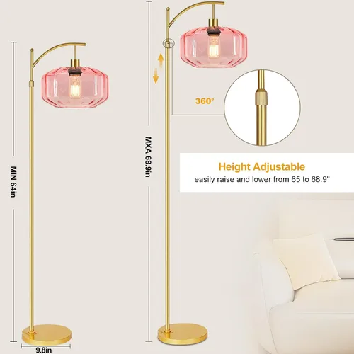 Miniatura 6 de Lámparas de pie doradas para sala de estar, dormitorio, lámpara de pie de cristal con control remoto y pantalla rosa, lámpara de pie regulable