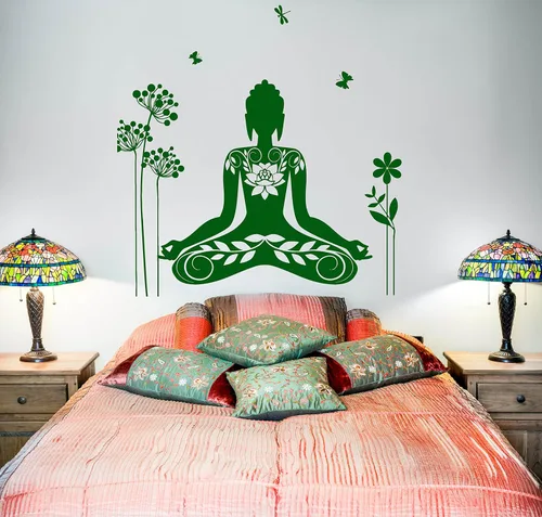 Adhesivo de pared Buda Meditación Mantra Flor Mariposa Yoga Vinilo Calcomanía (z2892) M 22.5 in X 26 in Negro