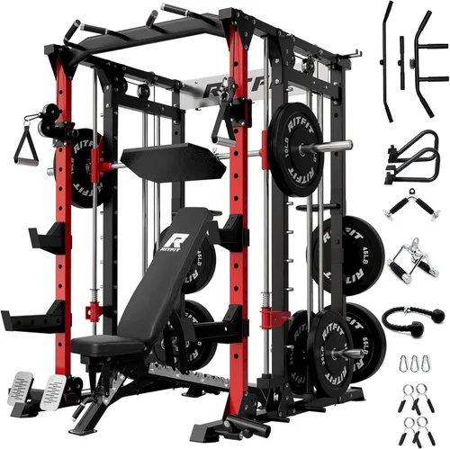 Miniatura 12 de RitFit Máquina Buffalo Smith, jaula eléctrica con sistema LAT-Pull Down y sistema de cruce de cables, estante de sentadillas todo en uno