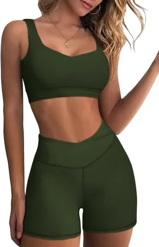 Aleumdr Trajes de dos piezas para mujer, trajes de entrenamiento, brasier deportivo con pantalones cortos de yoga cruzados