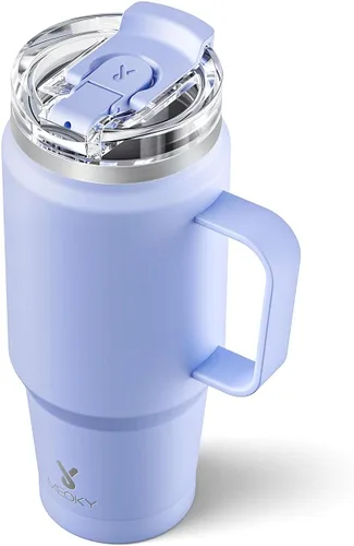 Miniatura 22 de Meoky - Vaso de 32 onzas con asa, taza de viaje de acero inoxidable con pajilla y tapa 2 en 1, taza de café con aislamiento al vacío, 100% a prueba