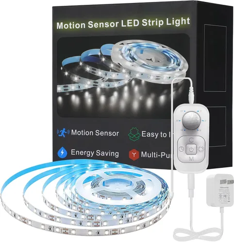 Tira de luces LED con sensor de movimiento - Luces de tira para gabinete con enchufe de 24W, regulador de intensidad y temporizador, 16.4 pies 6000K