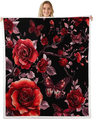 Miniatura 16 de Manta de franela azul rosa para todas las estaciones, manta de cama gótica de mariposa para decoración del hogar kawaii, manta rústica con flores