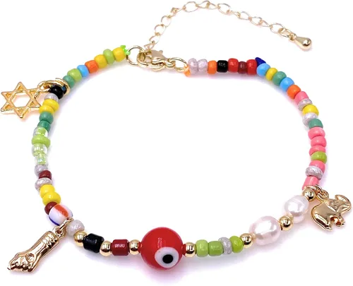 Dijes múltiples de la suerte y pulsera de colores para mujer conector rojo contra el mal de ojo S Vidrio Chapado en oro