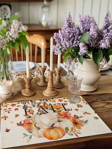 Miniatura 2 de Manteles individuales para mesa de comedor, juego de 4 manteles individuales para otoño, Acción de Gracias, calabaza, flor y girasol, manteles