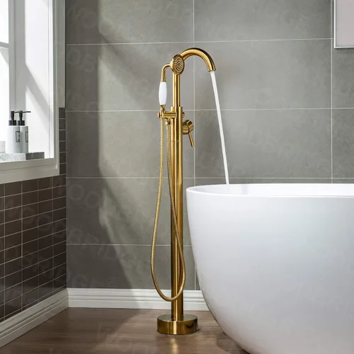 Miniatura 8 de WOODBRIDGE Grifo de llenado de bañera independiente contemporáneo de una sola manija con ducha de mano en acabado dorado cepillado, F0007-BGVT