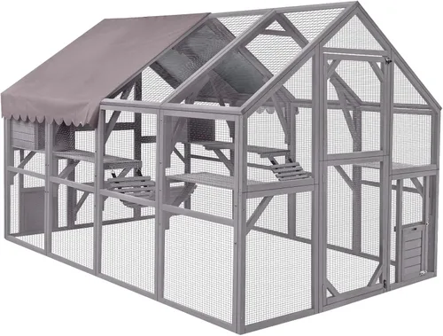 Miniatura 13 de Catio grande de madera para gatos de 70.1 pulgadas, casa para gatos de varios niveles con plataformas, hamaca y poste rascador, panel trasero