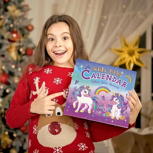 Miniatura 2 de Calendario infantil 2026 – Calendario de unicornio 2026 de 12 x 12 pulgadas para niños con más de 400 calcomanías divertidas, perfecto