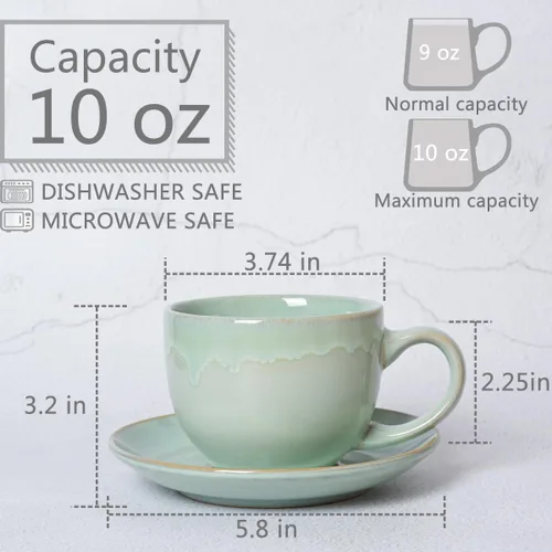 Miniatura 2 de Bosmarlin Juego de 2 Tazas de Capuchino y Platillo de Cerámica, 10 Oz, Tazas de Café para Café con Leche, Espresso, Té, Aptas para Lavavajillas