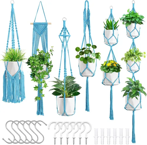 Miniatura 15 de SFENNGPET - Paquete de 6 perchas de macramé para plantas, juego de 6 perchas colgantes para plantas de interior con kit de 6 perchas hechas a mano