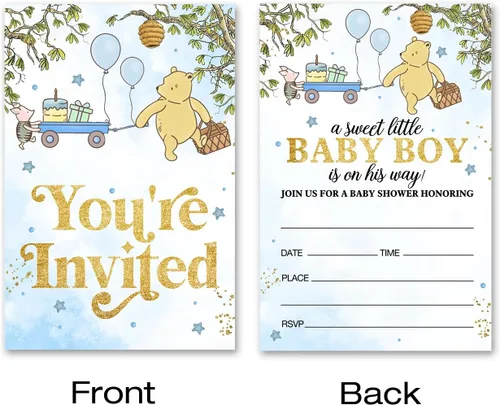 Miniatura 2 de Invitaciones de baby shower de Winnie Pooh pertnate, invitaciones de baby shower de Winnie Pooh para niño, 20 invitaciones con sobres