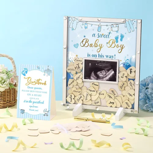 Miniatura 6 de Beeveer 65 piezas de libro de invitados para baby shower, libro de invitados azul para baby shower, libro de invitados con marco de fotos y 60 chips