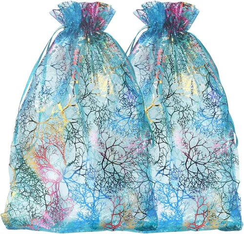 Miniatura 6 de Zwish Paquete de 50 bolsas de regalo de organza de 8 x 12 pulgadas, estilo azul coral para juguetes, dulces, chocolate, fiesta, Navidad, regalo