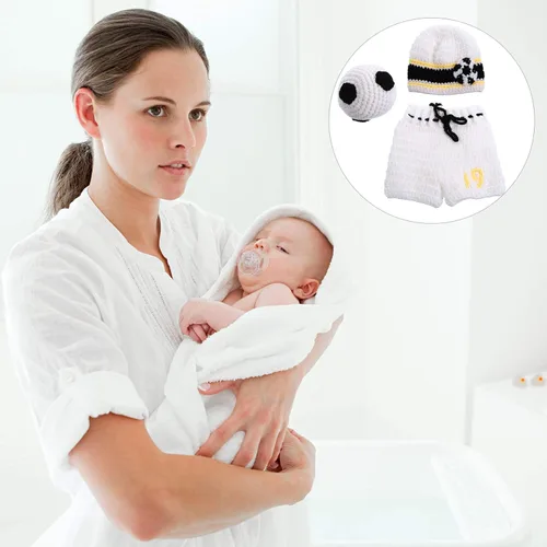 Miniatura 5 de NUOBESTY - Juego de 3 piezas de accesorios de fotografía para bebés recién nacidos de fútbol, ganchillo, traje para bebé, deporte, fiesta temática