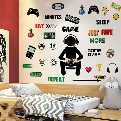 Miniatura 8 de Calcomanías de pared para jugadores que brillan en la oscuridad, calcomanías de pared para controlador de juegos, decoración de sala de juegos, Azul