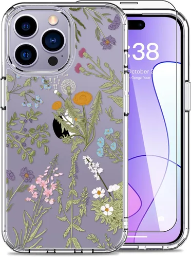 LUHOURI Funda para iPhone 15 Pro con protector de pantalla - acrílico transparente - Diseño de patrón de moda - Carga inalámbrica - Funda protectora
