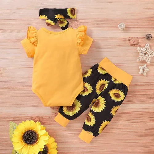Miniatura 3 de Yvowming Conjunto de 3 piezas de ropa para bebé recién nacida con volantes + pantalones + diadema