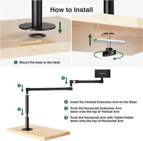 Miniatura 8 de elitehood Soporte de escritorio para iPad de brazo largo con base de montaje con ojales, soporte de aluminio resistente para tableta, soporte