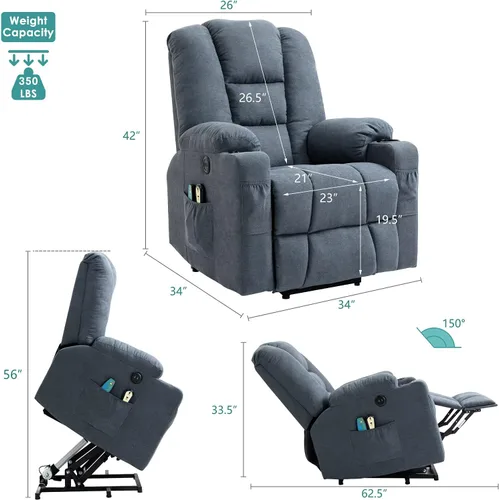 MEETWARM Silla reclinable eléctrica para personas mayores con calefacción por vibración, masaje de tela suave, con 2 controles remotos, puertos USB,
