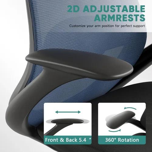 Miniatura 6 de Silla de oficina ergonómica de malla, silla de escritorio ejecutiva de 330 libras con soporte lumbar, reposabrazos 2D, cómodas sillas giratorias Azul