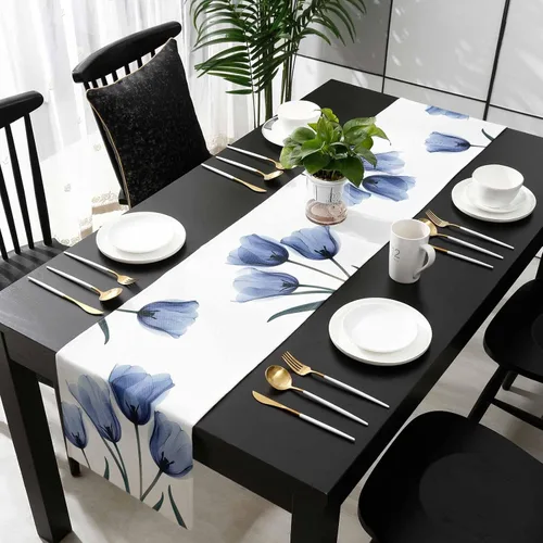 Miniatura 5 de Camino de mesa floral de tulipán azul, algodón y lino, pequeñas bufandas de 36 pulgadas, diseño rústico de flores para cocina, café, mesa