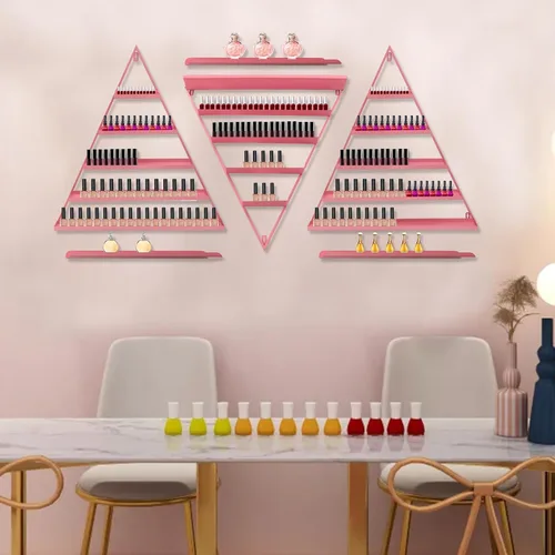 Miniatura 13 de Estante de almacenamiento de esmalte de uñas de metal para montar en pared, organizador de esmalte de uñas triangular de 5 niveles, soporte