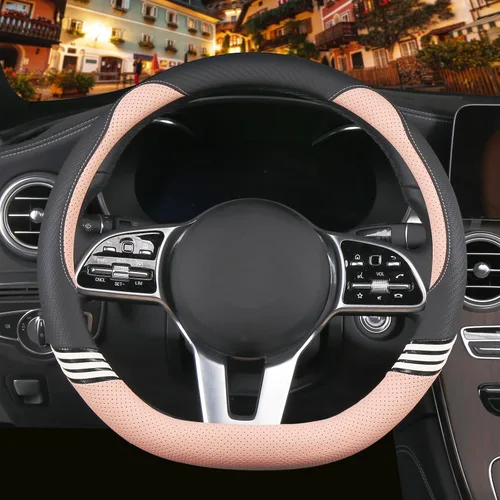 Miniatura 16 de Funda para volante de 14 pulgadas, linda, en forma de D, para mujeres y hombres, de cuero sintético y fibra de carbono, negra